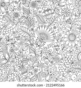  Seamless Monochrome Floral Pattern. Hand Drawn Floral Texture, Decorative Flowers, Coloring Book