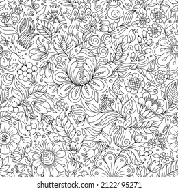  Patrón floral monocromo impecable. Textura floral de mano, flores decorativas, libro de colores