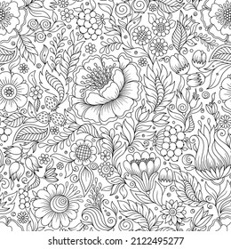  Seamless Monochrome Floral Pattern. Hand Drawn Floral Texture, Decorative Flowers, Coloring Book