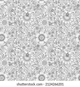  Seamless Monochrome Floral Pattern. Hand Drawn Floral Texture, Decorative Flowers, Coloring Book