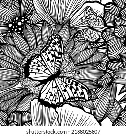 Seamless Monochrome Floral Pattern. Hand Drawn Floral Texture with a butterfly, Decorative Flowers, Coloring Book