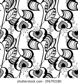 Seamless Monochrome Floral Pattern. Hand Drawn Floral Texture, Decorative Flowers