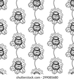 Seamless Monochrome Floral Pattern. Hand Drawn Floral Texture, Decorative Flowers