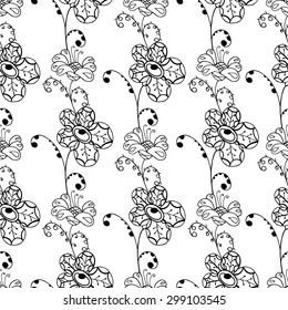 Seamless Monochrome Floral Pattern. Hand Drawn Floral Texture, Decorative Flowers