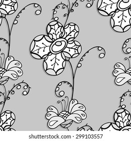Seamless Monochrome Floral Pattern. Hand Drawn Floral Texture, Decorative Flowers