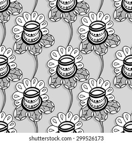 Seamless Monochrome Floral Pattern. Hand Drawn Floral Texture, Decorative Flowers