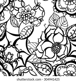 Seamless Monochrome Floral Pattern. Hand Drawn Floral Texture, Decorative Flowers
