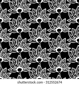 Seamless Monochrome Floral Pattern. Hand Drawn Floral Texture, Decorative Flowers