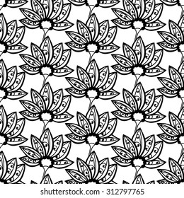 Seamless Monochrome Floral Pattern. Hand Drawn Floral Texture, Decorative Flowers