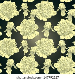 Seamless monochrome floral pattern with hand-drawn beige flowers on black background