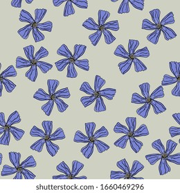 Seamless monochrome floral pattern with heads of periwinkle flower. Hand drawn sketches.