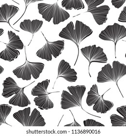 Seamless monochrome floral pattern with leaves of gingo biloba. Vector illustration on white background on a white background. 