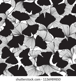 Seamless monochrome floral pattern with leaves of gingo biloba. Vector illustration on white background .