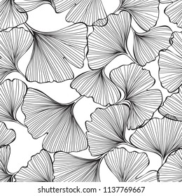 Seamless monochrome floral pattern with leaves of gingo biloba. Vector illustration on white background .