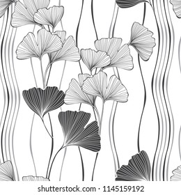 Seamless monochrome floral pattern with leaves of gingo biloba. Vector  illustration on white background .