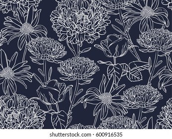 Seamless monochrome floral pattern on blue background with hand drawn spring garden flowers