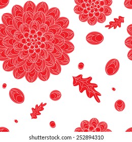 Seamless monochrome floral pattern. Red flowers and leaves on a white background for your design wallpapers, pattern fills, web page backgrounds, surface textures. Lines hand drawn pattern.