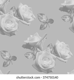 Seamless monochrome floral pattern with roses on gray background. Vector illustration.