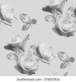 Seamless monochrome floral pattern with roses on gray background. Vector illustration.