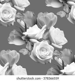 Seamless monochrome floral pattern with roses and tulips on gray background. Vector illustration.