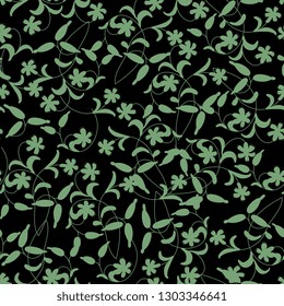 Seamless monochrome floral pattern with silhouetted vintage motifs. Folk style.