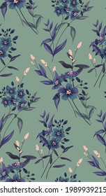 Seamless monochrome floral pattern. Small bouquets of blue flowers, herbs and leaves in free composition. Vector illustration.