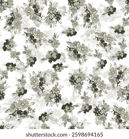 A seamless monochrome floral pattern with soft gray tones and expressive brush strokes. This vintage-inspired botanical print is ideal for fabrics, wallpapers, stationery, and elegant fashion design