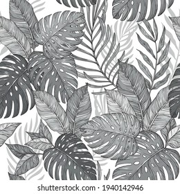 Seamless monochrome floral pattern, Tropical palm leaves, jungle leaves