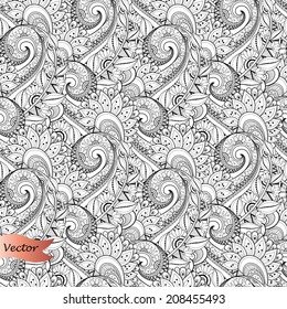 Seamless Monochrome Floral Pattern (Vector). Hand Drawn Texture with Flowers