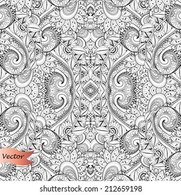 Seamless Monochrome Floral Pattern (Vector). Hand Drawn Texture with Flowers