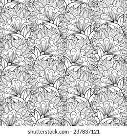 Seamless Monochrome Floral Pattern (Vector). Hand Drawn Texture with Flowers