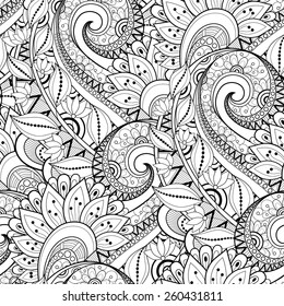 Seamless Monochrome Floral Pattern (Vector). Hand Drawn Texture with Flowers