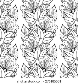 Seamless Monochrome Floral Pattern (Vector). Hand Drawn Floral Texture, Decorative Flowers, Coloring Book