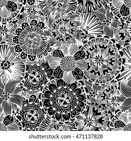 Seamless Monochrome Floral Pattern (Vector). Hand Drawn Texture with Flowers