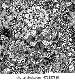 Seamless Monochrome Floral Pattern (Vector). Hand Drawn Texture with Flowers