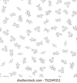 Seamless monochrome floral pattern. Vector illustration isolated on white background. Small flowers and leaves
