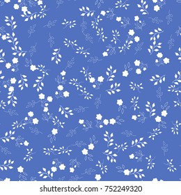 Seamless monochrome floral pattern. Vector illustration isolated on fashion palace blue color  background. Small flowers and leaves