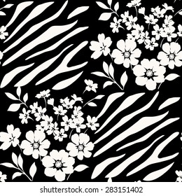 Seamless monochrome floral pattern with zebra stripes