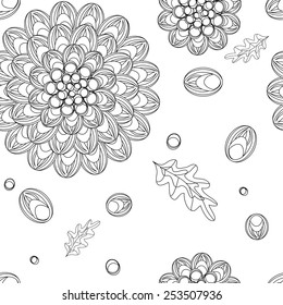 Seamless monochrome floral pattern.Black lines flowers and leaves on a white background for your design wallpapers, pattern fills, web page backgrounds, surface textures. Lines hand drawn pattern.