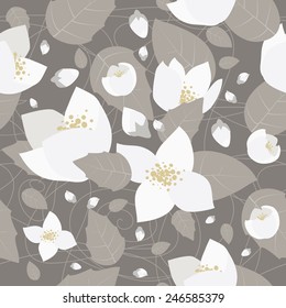 Seamless monochrome flower pattern on gray background