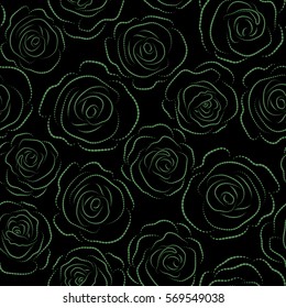 Seamless monochrome flower. Rose seamless pattern background in green colors, retro botanical style. Stylish flowers print.
