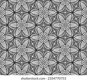 Seamless monochrome foliage pattern. Vintage black flower fabric background. Decorative flat geometric retro design. Regular floral elegant petals backdrop. Botanical stylish wrapping paper ornament