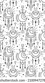 Seamless monochrome galaxy esoteric pattern. Black contour space sacred ornaments. Vector magic texture with stars and dots on white background. Witchcraft decoration with sun and crescent.