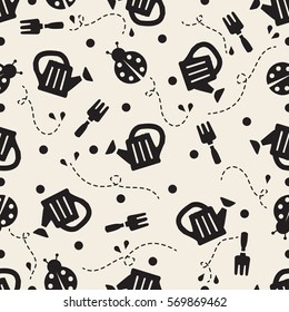 Seamless monochrome garden tools with ladybug pattern background