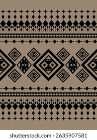 Seamless Monochrome Geometric Black Ornament Tribal Art Style On Brown Tan Coffee Background Pattern. Delicate Vintage and Classy Border for Cafe Decoration Interior Prints Fabrics Textile Texture Rug