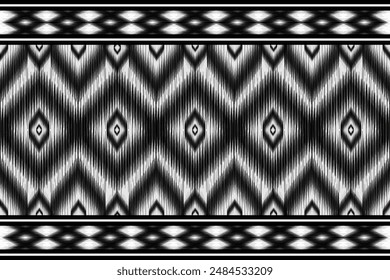a seamless monochrome geometric ikat pattern in black and white. The detailed tribal design features repeating diamond shapes, making it perfect for use in textiles, backgrounds, and decorative