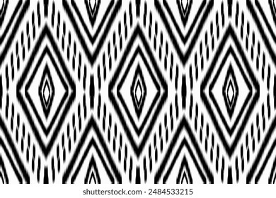 a seamless monochrome geometric ikat pattern in black and white. The detailed tribal design features repeating diamond shapes, making it perfect for use in textiles, backgrounds, and decorative