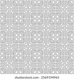 Seamless monochrome geometric pattern with abstract symmetrical shapes of lines in a grid layout.