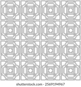 Seamless monochrome geometric pattern with abstract symmetrical shapes of lines in a grid layout.