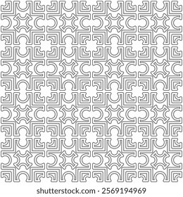 Seamless monochrome geometric pattern with abstract symmetrical shapes of lines in a grid layout.